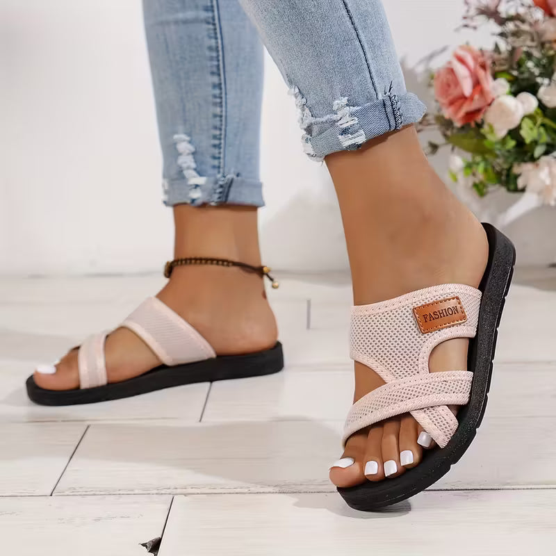 Rossie Slide Sandals — Women’s Breathable Mesh, Crisscross Strap Flat Summer Slides