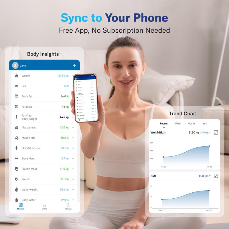 Smart Scale for Body Weight, 7-Color Glowing Bluetooth Digital Bathroom Scale for BMI and Body Fat.