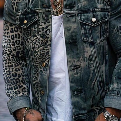 【24-hour shipping】Men's Leopard Ombre Print Denim Trucker Jacket 56830735Y