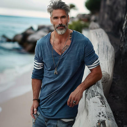 【24-hour shipping】Men's Loose V-Neck Striped Patchwork Long-Sleeved T-Shirt 66090274Y