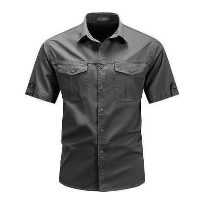 Men's Casual Loose Cotton Lapel Short-Sleeved Work Shirt 95101283M