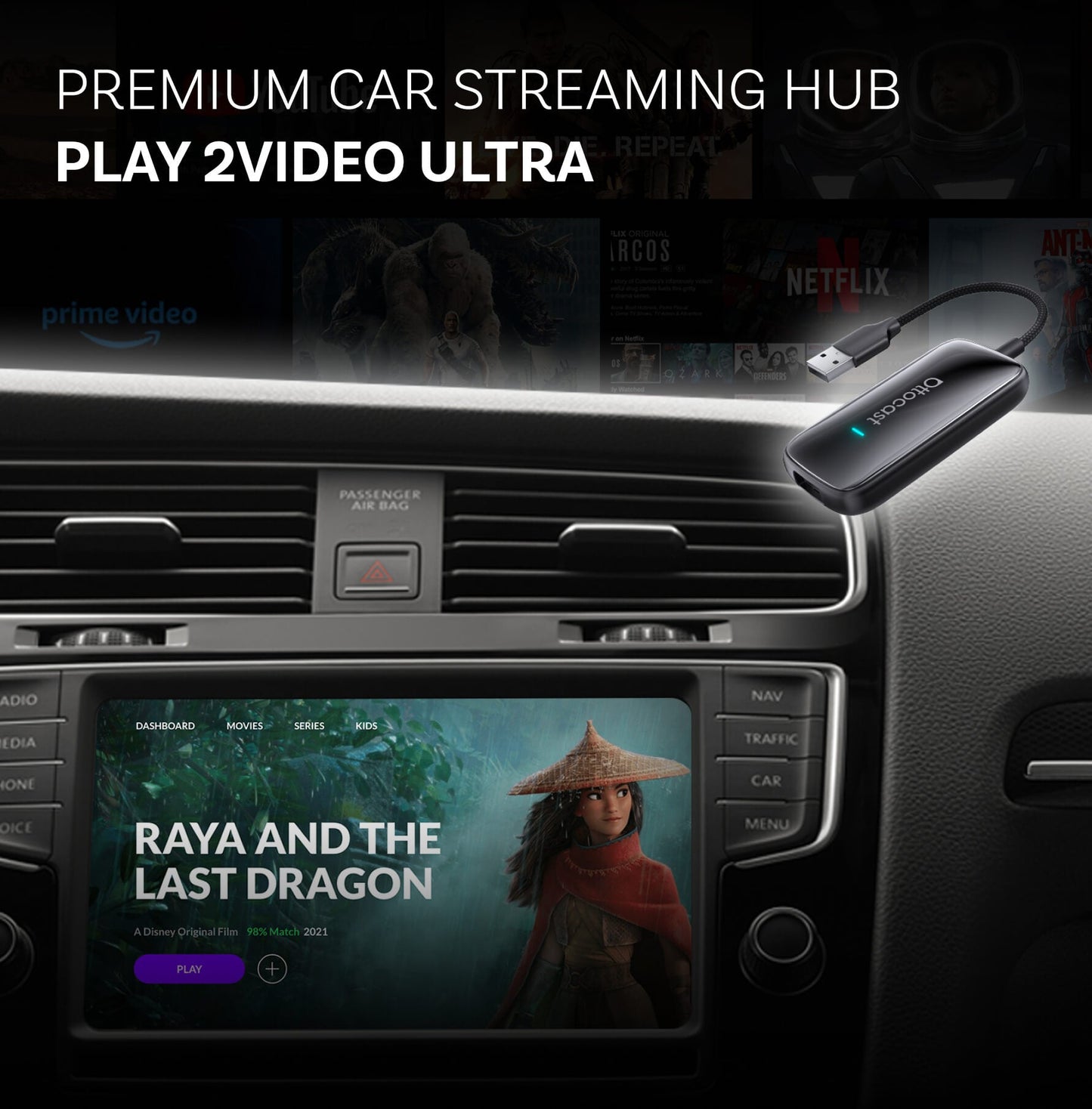 Play2Video Ultra 7” — Wireless Apple CarPlay & Android Auto Adapter with Built-in Touchscreen & Streaming Apps